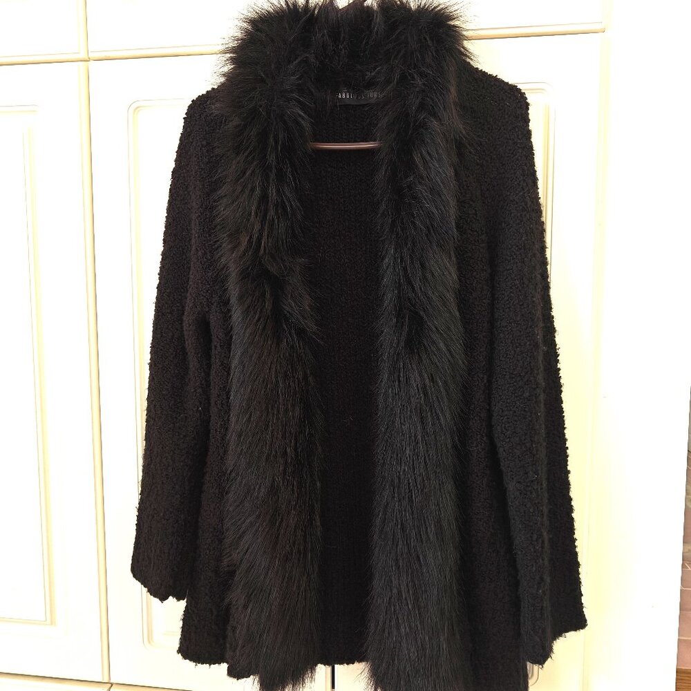 Black Faux-Fur Trim Open Front Women's Cardigan Sweater